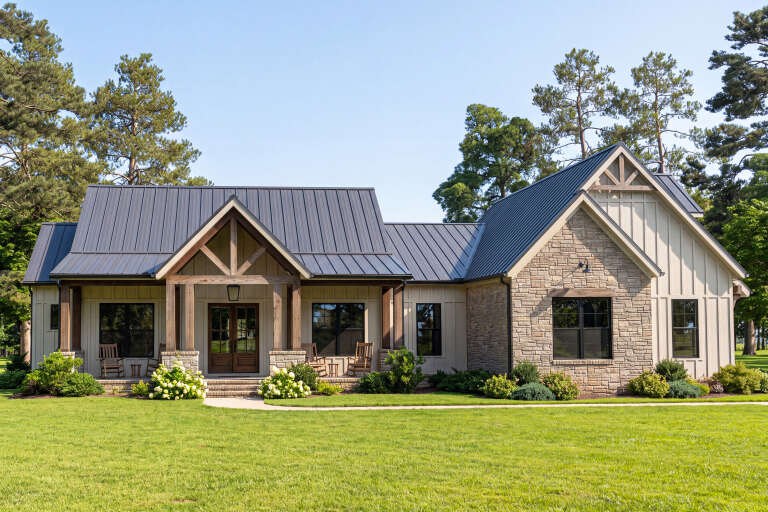 Beige Modern Farmhouse, Front Elevation with stone siding, metal roof, timber beams, rocking chairs, and lush landscaping. House Plan # 009-00521 Digital Rendering by America's Best House Plans, Inc.