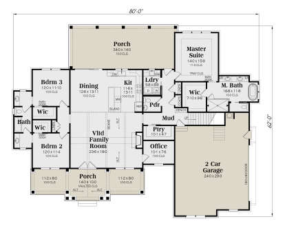Main Floor: 3BR, 2.5BA, Vltd Family, Dining, Kit, Office, Ldry, Mud, 2-car garage, 2 Porches, 3 WIC, Tray Master ceiling. House Plan # 009-00521 Main Floor  Floor Plan Drawing by America's Best House Plans, Inc.