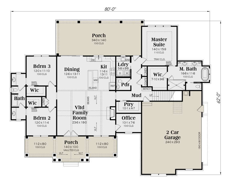 Main Floor: 3BR, 2.5BA, Vltd Family, Dining, Kit, Office, Ldry, Mud, 2-car garage, 2 Porches, 3 WIC, Tray Master ceiling. House Plan # 009-00521 Main Floor  Floor Plan Drawing by America's Best House Plans, Inc.