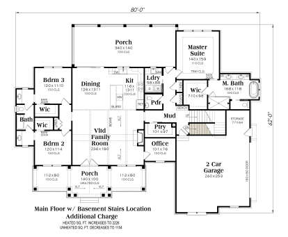 Main Floor w/ Basement Stairs: 3BR, 2.5BA, Vlt Family, Dining, Kit, Office, Ldry, Ptry, 2-car garage, 2 Porches, Tray M.Suite. House Plan # 009-00521 Main Floor w/ Basement Stairs Location Floor Plan Drawing by America's Best House Plans, Inc.