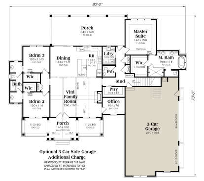 Main Floor w/ Optional 3 Car Garage: 3BR, 2.5BA, Vaulted Family, Dining, Kit, Office, Ldry, Mud, 3 WIC, 2 Porches, Tray MBR. House Plan # 009-00521 Main Floor w/ Optional 3 Car Garage Floor Plan Drawing by America's Best House Plans, Inc.