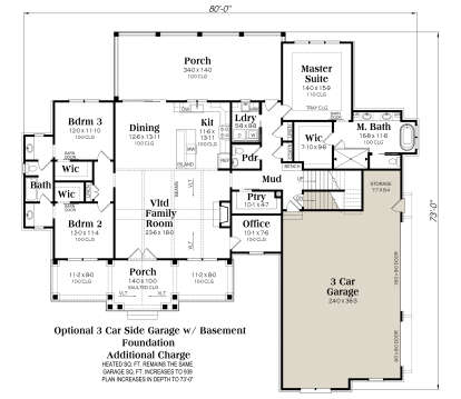 3BR, 2.5BA, Vltd Family, Dining, Kit, Office, Ldry, Mud, Ptry. 3-car garage, 2 porches, 3 WIC. Tray Master, Basement Fdn. House Plan # 009-00521 Basement Foundation w/ Optional 3 Car Garage Floor Plan Drawing by America's Best House Plans, Inc.