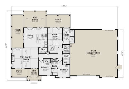 Main Floor: 3BR, 2.5BA, Vltd Family, Dining, Kitchen, Pantry, Ldry, Mud, 3-Car Garage, 4 Porches, WICs, Coffered Master. House Plan # 009-00522 Main Floor  Floor Plan Drawing by America's Best House Plans, Inc.