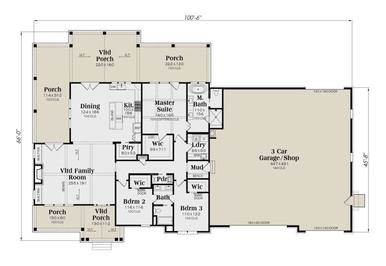 Main Floor: 3BR, 2.5BA, Vltd Family, Dining, Kitchen, Pantry, Ldry, Mud, 3-Car Garage, 4 Porches, WICs, Coffered Master. House Plan # 009-00522 Main Floor  Floor Plan Drawing by America's Best House Plans, Inc.
