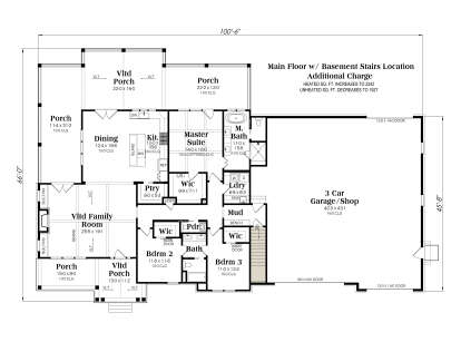 Main Floor w/ Basement Stairs: 3BR, 2.5BA, Vltd Family, Dining, Kit, Ptry, Ldry, Mud, 3-car garage, 4 Porches, 3 WIC. House Plan # 009-00522 Main Floor w/ Basement Stairs Location Floor Plan Drawing by America's Best House Plans, Inc.