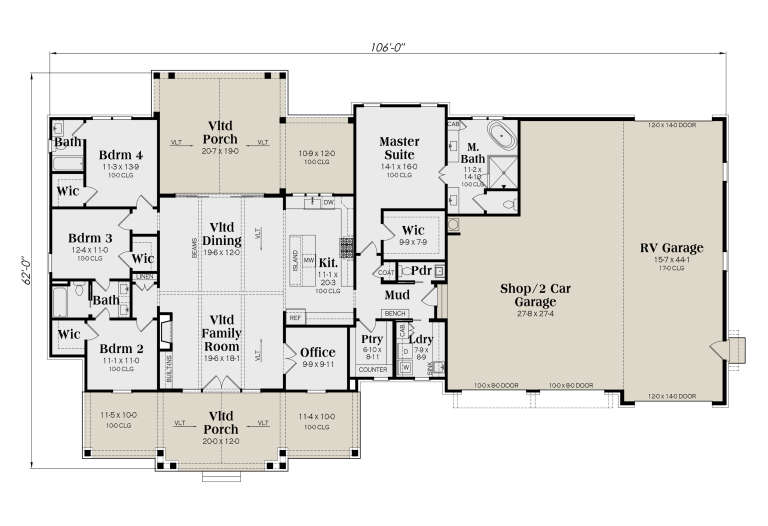 Main Floor: 4BR, 2.5BA, Vltd Family/Dining/Porches, Kitchen, Office, Mud, Ldry, Ptry, 3-car/RV garage, WICs. Unheated: garage. House Plan # 009-00523 Main Floor  Floor Plan Drawing by America's Best House Plans, Inc.
