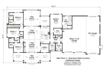 Main Floor w/ Basement Stairs: 4BR, 2.5BA, Vlt Family/Dining/Porches, Kit, Office, Ldry, Ptry, 3-car/RV Garage, 4 WICs. House Plan # 009-00523 Main Floor w/ Basement Stairs Location Floor Plan Drawing by America's Best House Plans, Inc.