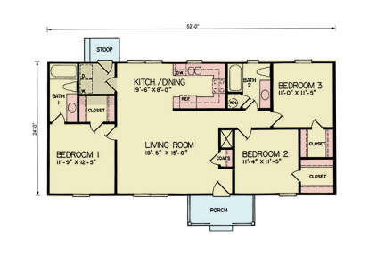 Main Floor: 3BR, 2BA, Living Room, Kitchen/Dining, Ldry closet, 3 closets, coat closet, front porch, rear stoop. House Plan # 699-00511 Main Floor  Floor Plan Drawing by America's Best House Plans, Inc.