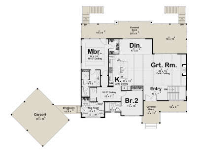 Main Floor: 2BR, 2BA, Grt Rm, Kitchen, Dining, Mud Rm, Carport, Breezeway, 2 Covered Decks, Stairs, Cath. Ceilings. House Plan # 963-01305 Main Floor  Floor Plan Drawing by America's Best House Plans, Inc.