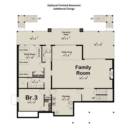 Basement: 1 BR, 1 BA, Bunk Room, Family Room, Table Area, Storage, Ldry, Linen closet, 2 sets of stairs, Covered Patio. House Plan # 963-01305 Basement Floor Plan Drawing by America's Best House Plans, Inc.