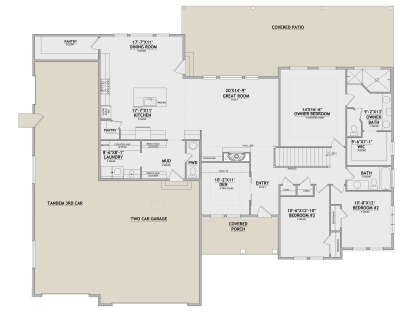 Main Floor: 3BR, 2.5BA, Great Rm, Den, Kitchen, Dining, Ldry, Mud, 3-car garage, Covered Patio & Porch. Vault/Tray ceilings. House Plan # 8768-00214 Main Floor  Floor Plan Drawing by America's Best House Plans, Inc.