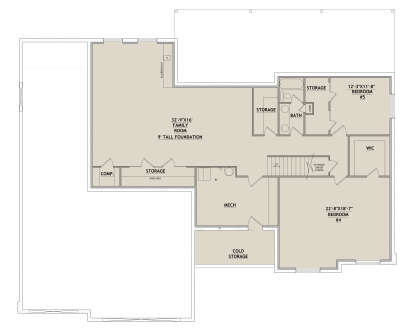 Basement: 2BR, 1BA, Family Room with kitchenette, WIC, multiple storage rooms, Mech room, Cold Storage, stairs. 9' ceilings. House Plan # 8768-00214 Basement Floor Plan Drawing by America's Best House Plans, Inc.