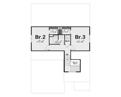 Second Floor: 2 BR, 1 BA, 2 WIC, Mech room, stairs, open to below. House Plan # 963-01306 Second Floor Floor Plan Drawing by America's Best House Plans, Inc.