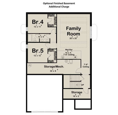 Basement: 2BR, 1BA, Family Room, Wet Bar, Storage/Mech rooms, stairs. 7'-8" ceilings in select areas. House Plan # 963-01306 Basement Floor Plan Drawing by America's Best House Plans, Inc.