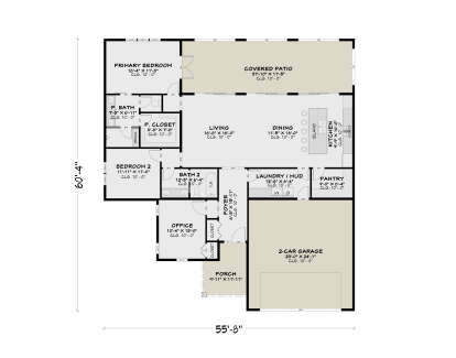Main Floor: 2BR, 2BA, Office, Living, Dining, Kitchen, Pantry, Ldry/Mud, 2-car garage, Porch, Covered Patio. 10' ceilings. House Plan # 4100-00040 Main Floor  Floor Plan Drawing by America's Best House Plans, Inc.