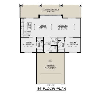 Main Floor: 2BR, 2BA, 1/2 BA, Kitchen, Dining, Great Rm, Foyer, Ldry, 2-car garage, Covered Porch. Sloped ceilings. House Plan # 5032-00443 Main Floor  Floor Plan Drawing by America's Best House Plans, Inc.