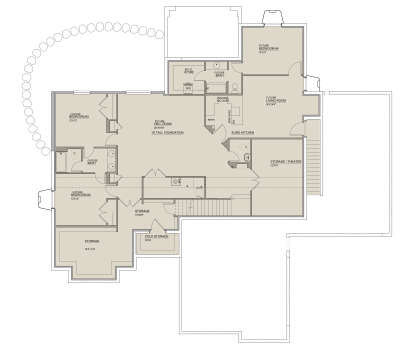 Basement: 3BR, 2BA, Rec Room, Euro Kitchen, Living, Theater/Storage, WIC, Ldry, Cold Storage, 10' foundation, stairs. House Plan # 8768-00215 Basement Floor Plan Drawing by America's Best House Plans, Inc.