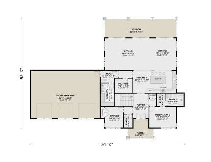 Main Floor: 1BR, 1.5BA, Office, Living, Dining, Kitchen, Pantry, Ldry, 3-car garage, 2 Porches, WIC, 10' ceilings. House Plan # 4100-00041 Main Floor  Floor Plan Drawing by America's Best House Plans, Inc.
