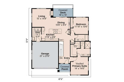 Main Floor: 2BR, 2BA, Living, Dining, Kitchen, Utility, Entry. 2-car garage, stairs, covered deck, porch, fireplace, WIC. House Plan # 035-01232 Main Floor  Floor Plan Drawing by America's Best House Plans, Inc.