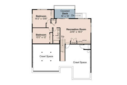 Basement: 2BR, 1BA, Rec Room, wet bar, storage, stairs, covered deck. Unheated: Crawl space areas. House Plan # 035-01232 Basement Floor Plan Drawing by America's Best House Plans, Inc.