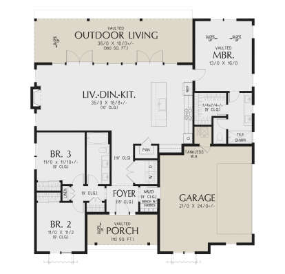 Main Floor: 3BR, 2BA, open Liv/Din/Kit, Foyer, Ldry, Mud, 2-car garage, WIC, Pantry. Vaulted MBR, Porch, Outdoor Living. House Plan # 2559-01114 Main Floor  Floor Plan Drawing by America's Best House Plans, Inc.