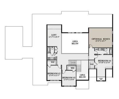 Second Floor: 3 BR, 2 BA, Loft, Optional Bonus room, 3 WICs, Linen closets, Stairs, 2 Open-to-below areas, Window seat. House Plan # 6849-00179 Second Floor Floor Plan Drawing by America's Best House Plans, Inc.