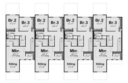 Second Floor: 3 BR, 2 BA, Mbr with Sitting area, 9' ceilings, Ldry, stairs, linen closets. Four-unit townhouse layout. House Plan # 963-01307 Second Floor Floor Plan Drawing by America's Best House Plans, Inc.