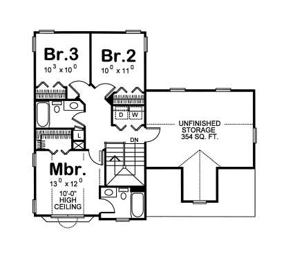 Second Floor: 3BR, 2BA, Ldry, stairs, 354 sq ft unfinished storage. Mbr has 10' ceiling. Closets included. House Plan # 402-01907 Second Floor Floor Plan Drawing by America's Best House Plans, Inc.