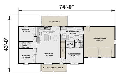 Main Floor: 3BR, 2BA, Great Room, Kitchen/Dining, Ldry/Mud, Pantry, 2-car garage, Deck, Covered Porch, Stairs to basement. House Plan # 1776-00187 Main Floor  Floor Plan Drawing by America's Best House Plans, Inc.