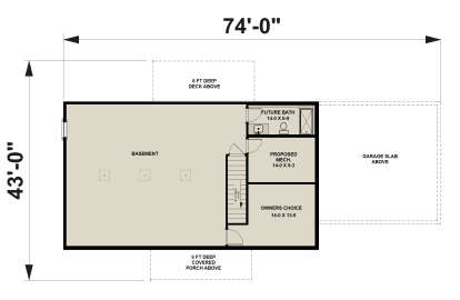 Basement: Open area, Future BA, Mech room, Owners Choice room, stairs. Unheated: deck, porch, garage slab above. House Plan # 1776-00187 Basement Floor Plan Drawing by America's Best House Plans, Inc.