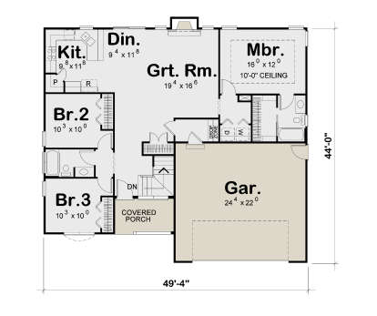 Main Floor: 3BR, 2BA, Grt Rm, Kitchen, Dining, Ldry, Drop Zone, 2-car garage, stairs, covered porch. 10' Mbr ceiling. House Plan # 402-01910 Main Floor  Floor Plan Drawing by America's Best House Plans, Inc.