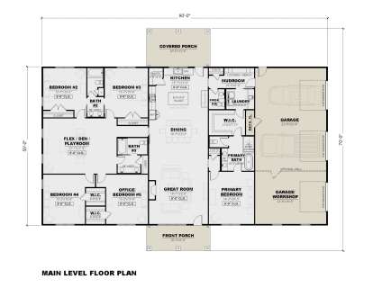 Main Floor: 5BR, 3BA, Great Room, Dining, Kitchen, Pantry, Mudroom, Ldry, 3 WIC, 3-car garage/workshop, 2 Porches. 9' ceilings. House Plan # 7568-00066 Main Floor  Floor Plan Drawing by America's Best House Plans, Inc.
