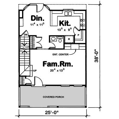 Main Floor: 0BR, 1BA, Fam.Rm, Kitchen, Dining, Pantry, Ent. Center, Stairs, Covered Porch. Unheated: Covered Porch area. House Plan # 402-01912 Main Floor  Floor Plan Drawing by America's Best House Plans, Inc.