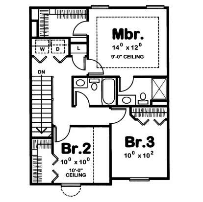 Second Floor: 3BR, 2BA, Ldry, WIC, stairs. 9' ceiling in Mbr, 10' ceiling in Br.2. House Plan # 402-01912 Second Floor Floor Plan Drawing by America's Best House Plans, Inc.