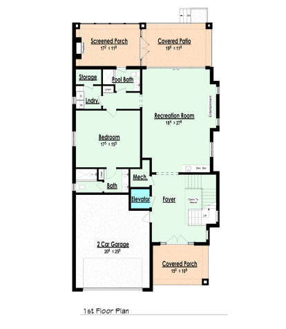 Lower Floor: 1BR, 2BA, Rec Room, Foyer, Ldry, Mech, Elevator, 2-car garage, Screened Porch, Covered Patio, Covered Porch. House Plan # 7806-00022 Lower Floor Floor Plan Drawing by America's Best House Plans, Inc.