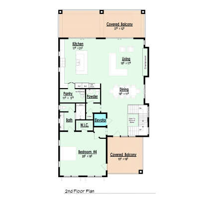 2nd Floor: 1BR, 1.5BA, Kitchen, Living, Dining, Pantry, WIC, Elevator, Stairs, 2 Covered Balconies. Unheated: balconies. House Plan # 7806-00022 Main Floor Floor Plan Drawing by America's Best House Plans, Inc.