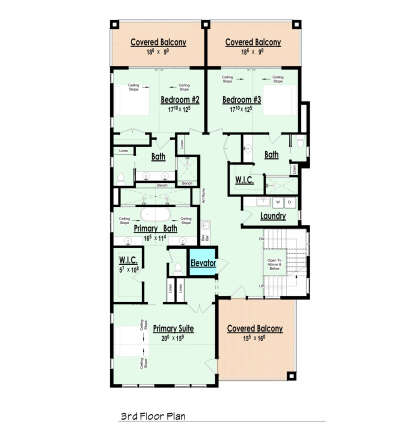 3rd Floor: 3BR, 3BA, Primary Suite, 2 WIC, Ldry, Elevator, Bev Bar, 3 Covered Balconies, Stairs, Sloped Ceilings. House Plan # 7806-00022 Second Floor Floor Plan Drawing by America's Best House Plans, Inc.