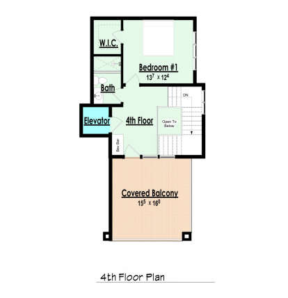 4th Floor: 1 BR, 1 BA, WIC, Elevator, Bev Bar, Stairs, Open to below, Covered Balcony. Unheated: Covered Balcony area. House Plan # 7806-00022 Third Floor Floor Plan Drawing by America's Best House Plans, Inc.