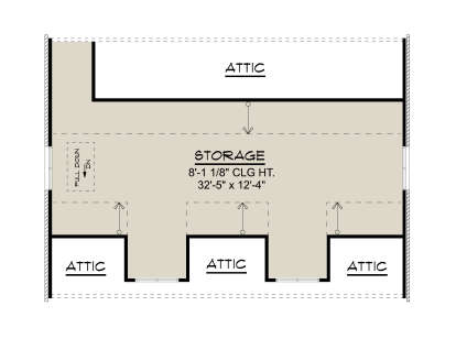 Second Floor: Large storage room, 8' 1 1/8" ceiling height, pull-down attic access, multiple unheated attic storage areas. House Plan # 5032-00444 Second Floor Floor Plan Drawing by America's Best House Plans, Inc.