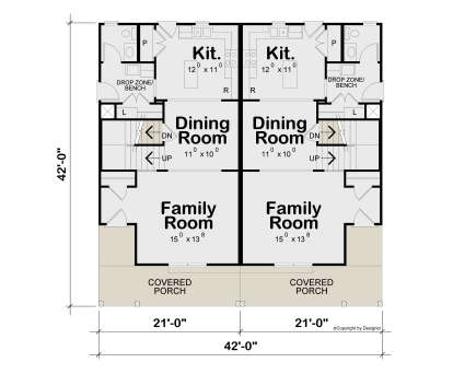 Main Floor: Duplex, 2 units. Each: 1 BA, Kitchen, Dining, Family, Drop Zone, Stairs, Covered Porch. Unheated: Porches. House Plan # 402-01914 Main Floor  Floor Plan Drawing by America's Best House Plans, Inc.