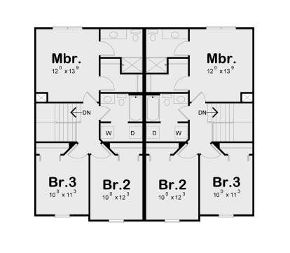 Second Floor: 6BR, 4BA duplex plan. Each unit: 3BR, 2BA, Ldry, stairs. Shared wall. House Plan # 402-01914 Second Floor Floor Plan Drawing by America's Best House Plans, Inc.