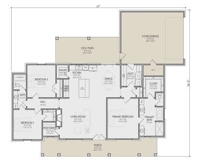 Main Floor: 3BR, 2.5BA, Living, Dining, Kitchen, Pantry, Office, Ldry, 2-car garage, Cov. Patio, Porch, 10' ceilings. House Plan # 5105-00022 Main Floor  Floor Plan Drawing by America's Best House Plans, Inc.