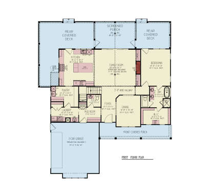 Main Floor: 1BR, 1.5BA, Kitchen, Pantry, Dining, Vaulted Family, Ldry, Mud, 2-car garage, Screened Porch, 2 Covered Decks. House Plan # 699-00513 Main Floor  Floor Plan Drawing by America's Best House Plans, Inc.