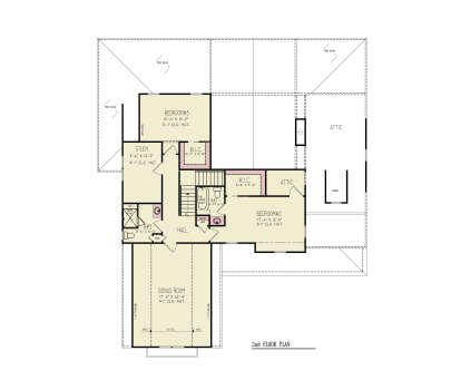 Second Floor: 2 BR, 1 BA, Bonus Room, Study, 2 WIC, Hall, Stairs, Attic access. 9'-1" ceilings, vaulted Bonus Room. House Plan # 699-00513 Second Floor Floor Plan Drawing by America's Best House Plans, Inc.