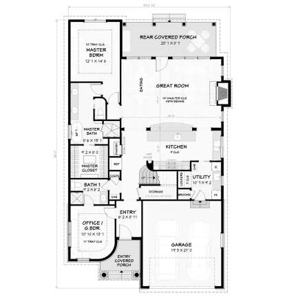 Main Floor: 2BR, 2BA, Great Rm, Kitchen, Office, Ldry, 2-car garage. Vaulted/Tray clgs, FP, WIC, 2 covered porches. House Plan # 3125-00054 Main Floor Floor Plan Drawing by America's Best House Plans, Inc.