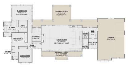 Main Floor: 3BR, 2.5BA, Great Room, Flex, Pantry, Ldry, Mud, 3-car garage, 2 vaulted porches. Tray M.BR, Vaulted Great Room. House Plan # 1462-00236 Main Floor Floor Plan Drawing by America's Best House Plans, Inc.