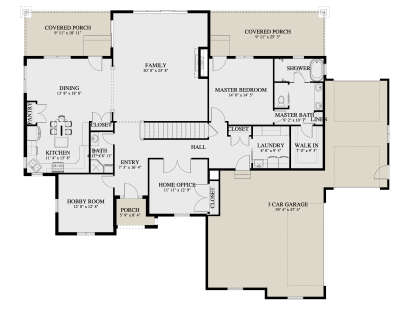 Main Floor: 1BR, 2BA, Family, Dining, Kitchen, Office, Hobby, Ldry, WIC, 3-car garage, 2 Covered Porches, 2 Fireplaces, Stairs. House Plan # 2802-00566 Main Floor Floor Plan Drawing by America's Best House Plans, Inc.