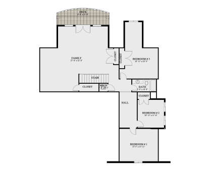 Second Floor: 3BR, 1BA, Family room, Hall, 4 Closets, Mech room, Stairs, Deck. Unheated: Deck area. House Plan # 2802-00566 Second Floor Floor Plan Drawing by America's Best House Plans, Inc.