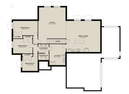 Basement: 3BR, 2BA, Family, Media room, Ldry, Hall, 4 closets, stairs. Unheated: large unfinished storage area. House Plan # 2802-00566 Basement Floor Plan Drawing by America's Best House Plans, Inc.