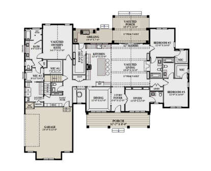 Main Floor: 3BR, 3.5BA, Vaulted Living/Owner Suite/Porch, Kitchen, Dining, Study, Ldry, 2-car garage, 2 WIC, 2 Porches. House Plan # 6849-00180 Main Floor Floor Plan Drawing by America's Best House Plans, Inc.